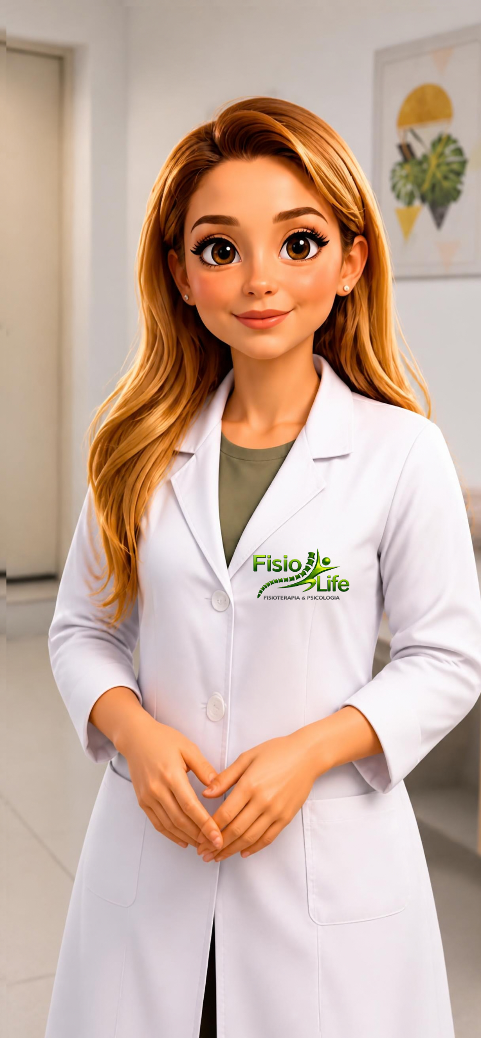 Personagem 3D de fisioterapeuta da Fisio Life usando jaleco com a logo da clínica